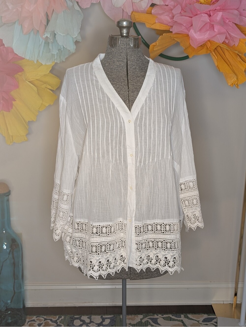 2021 - Cynthia Rowley White Cotton Button-Up Blouse with Lace Trim Size 1X